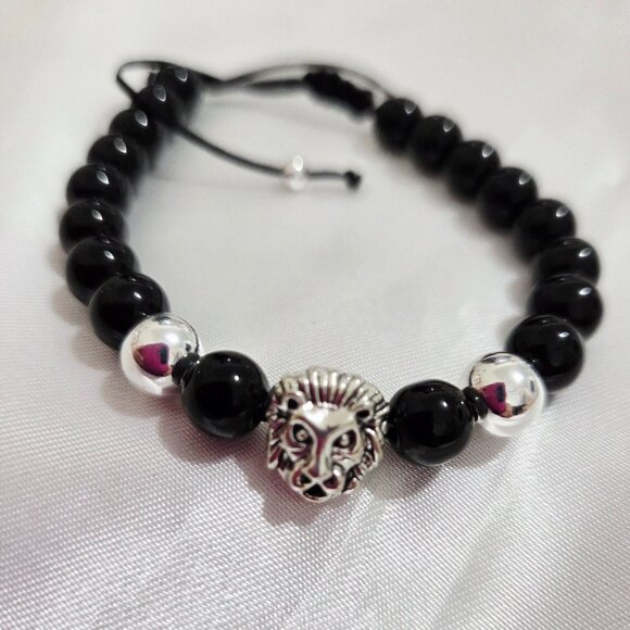 Black Men's Glass Beaded Lion Bracelet - Picture 1 of 3